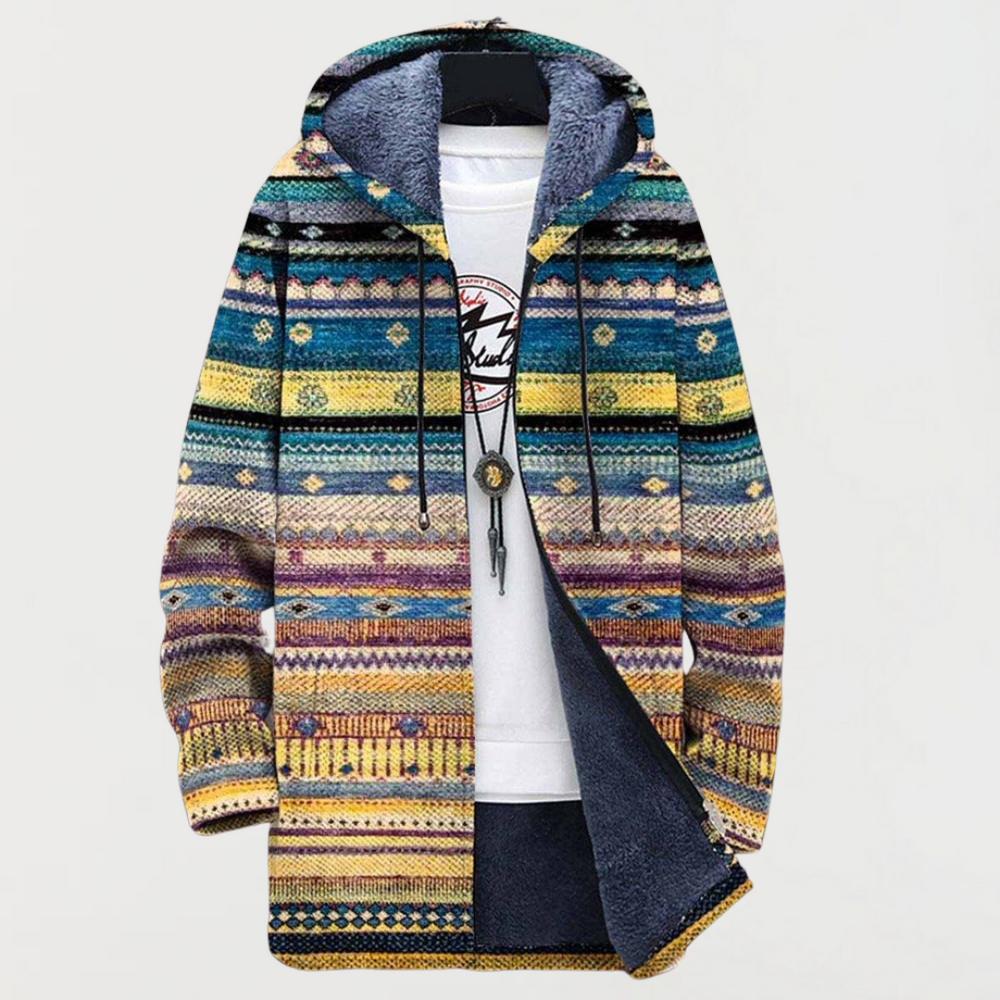 Wynn wavy tribal print hooded coat in multicolour, front view
