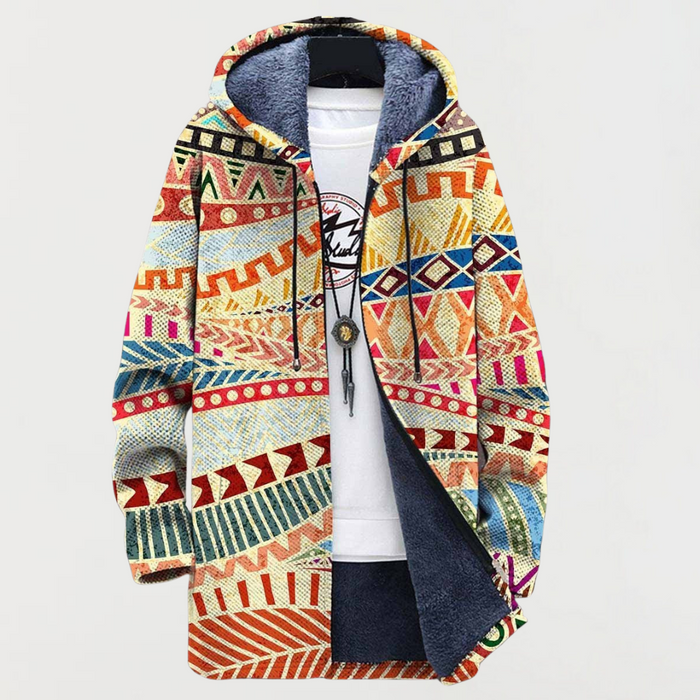 Charlie ethnic fusion print hooded coat in multicolour, front view