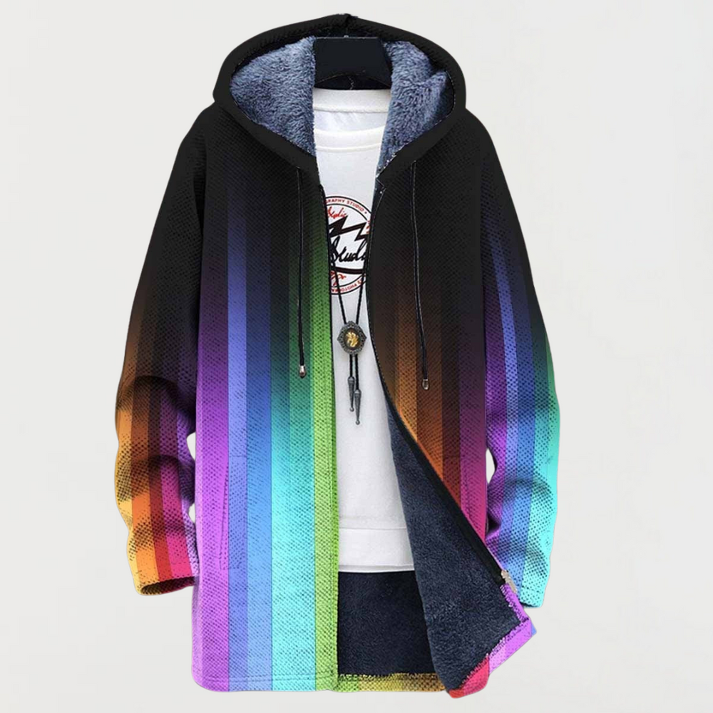 Jordan rainbow stripe longline hooded coat in multicolour, front view