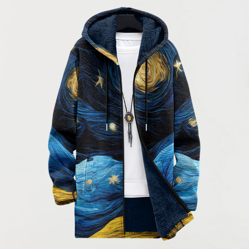 Harper celestial art print hooded coat in blue and gold, front view