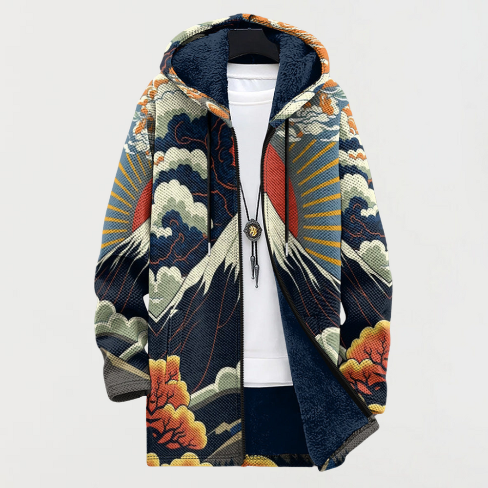 Wren Japanese sunrise print hoodie in multicolour navy and orange, front view