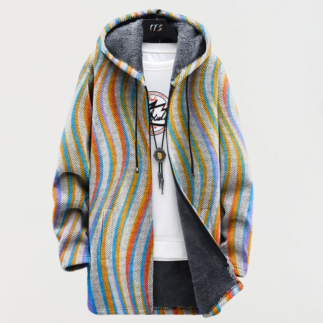 Frankie hooded coat in multicolour, open front with drawstring hood