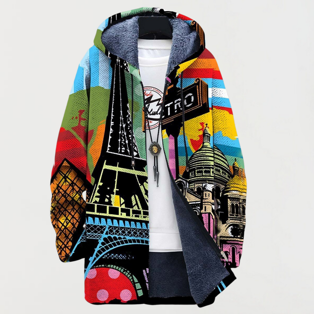 Jamie Parisian art print hoodie in multicolour, open front view