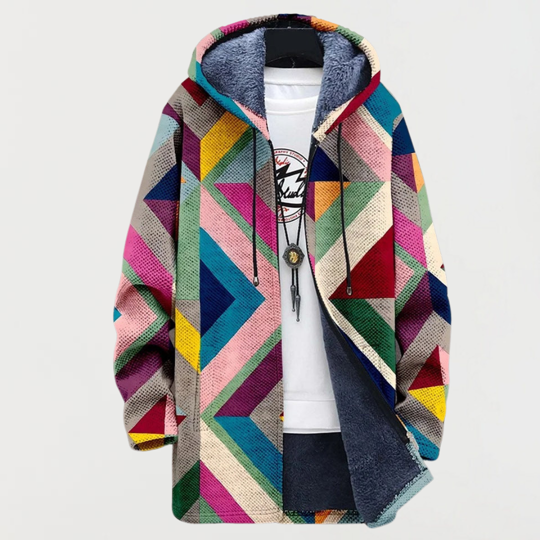 Marlow geometric print hoodie in multicolour, front view showing plush hood lining
