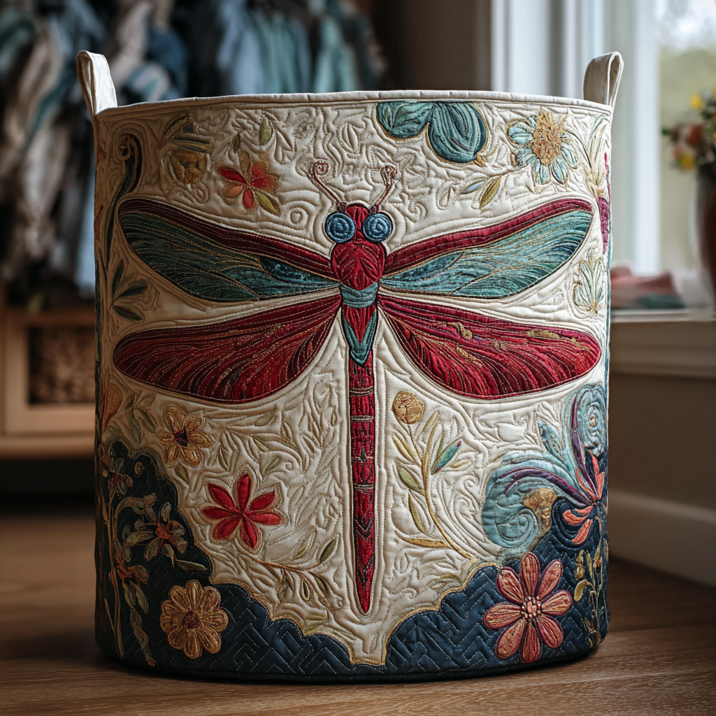 Celeste hand-quilted laundry basket with red and teal dragonfly on cream, in a sunlit room