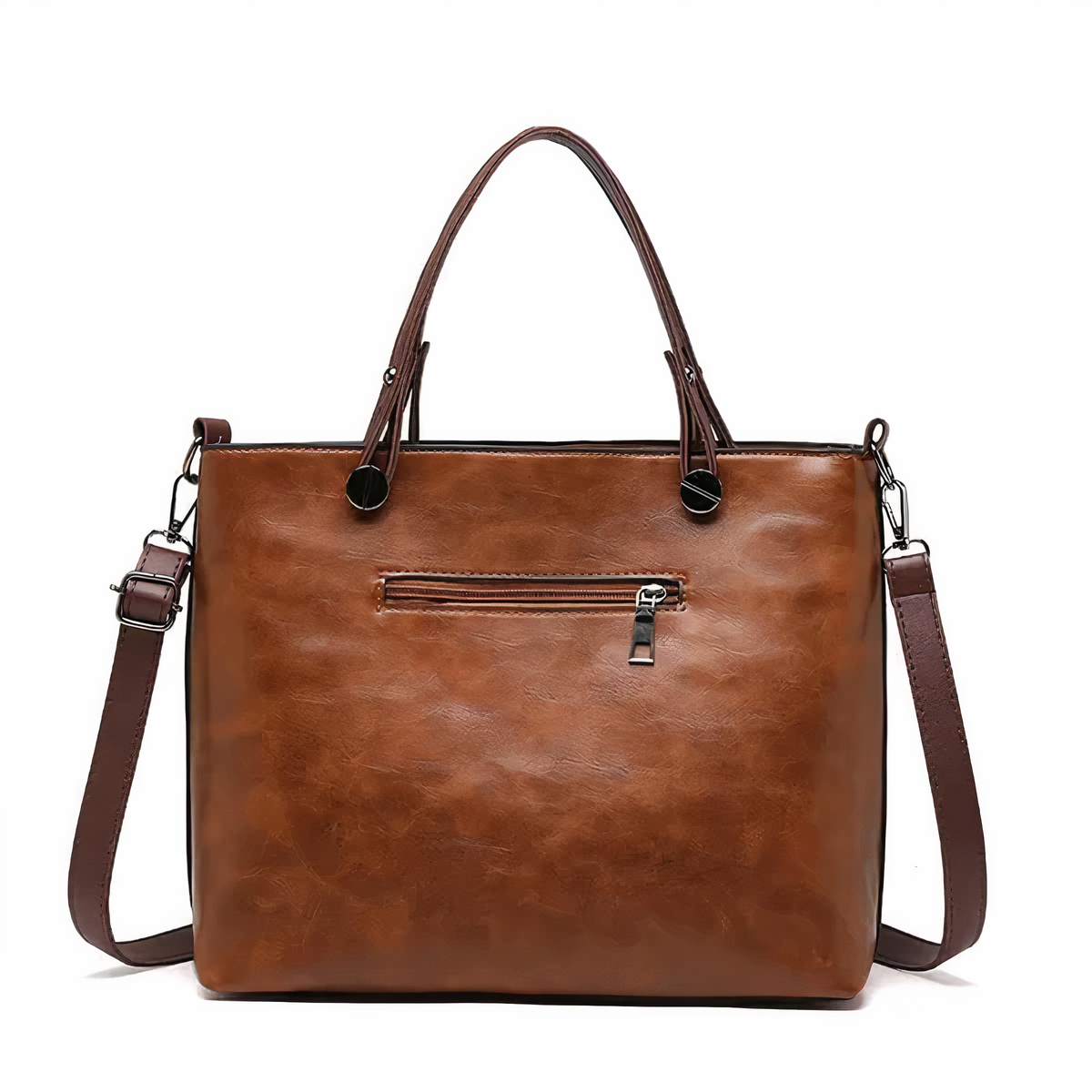 Maeva leather bag in brown, back view with zip pocket