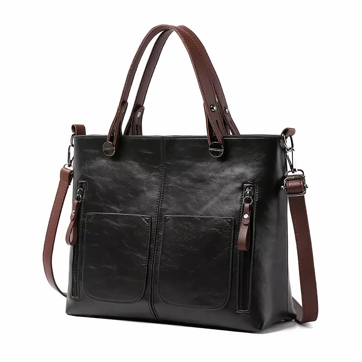 Maeva leather bag in black, angled front view