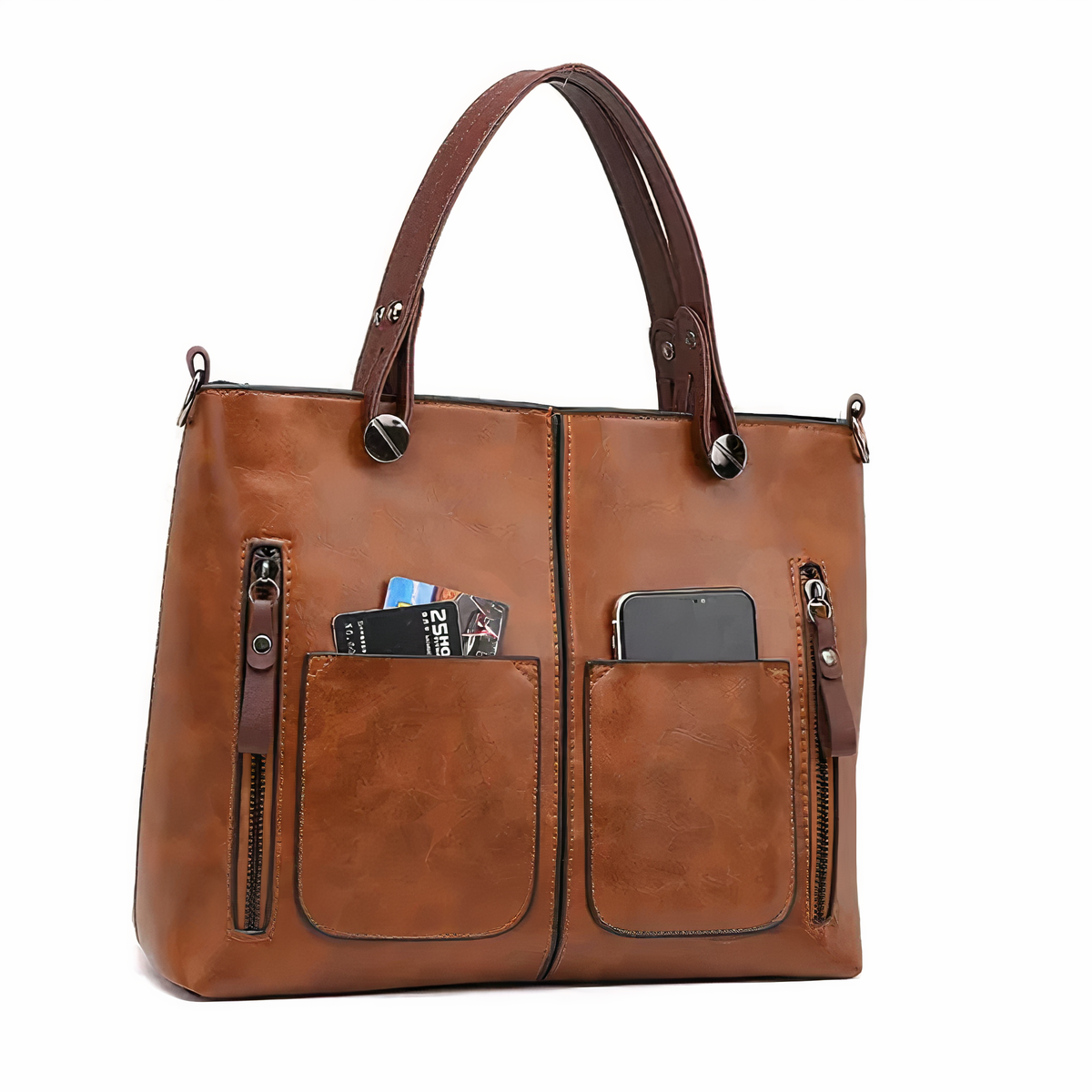 Maeva bag in brown with cards and phone in front pockets