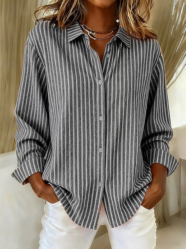 Jimena striped button-up shirt in grey, full front view