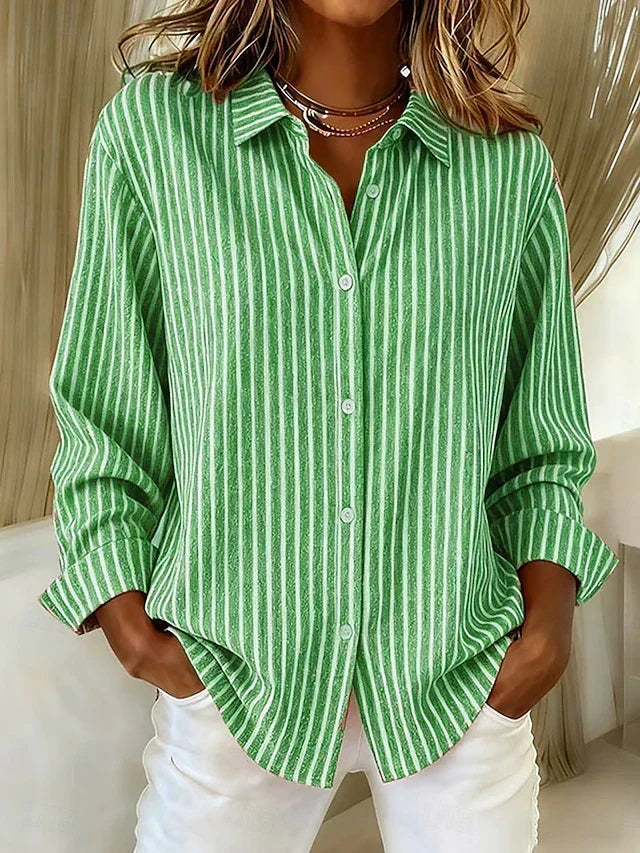 Jimena striped button-up shirt in green, relaxed front view