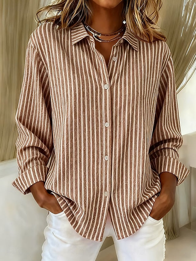 Jimena striped button-up shirt in khaki, front view with rolled cuffs
