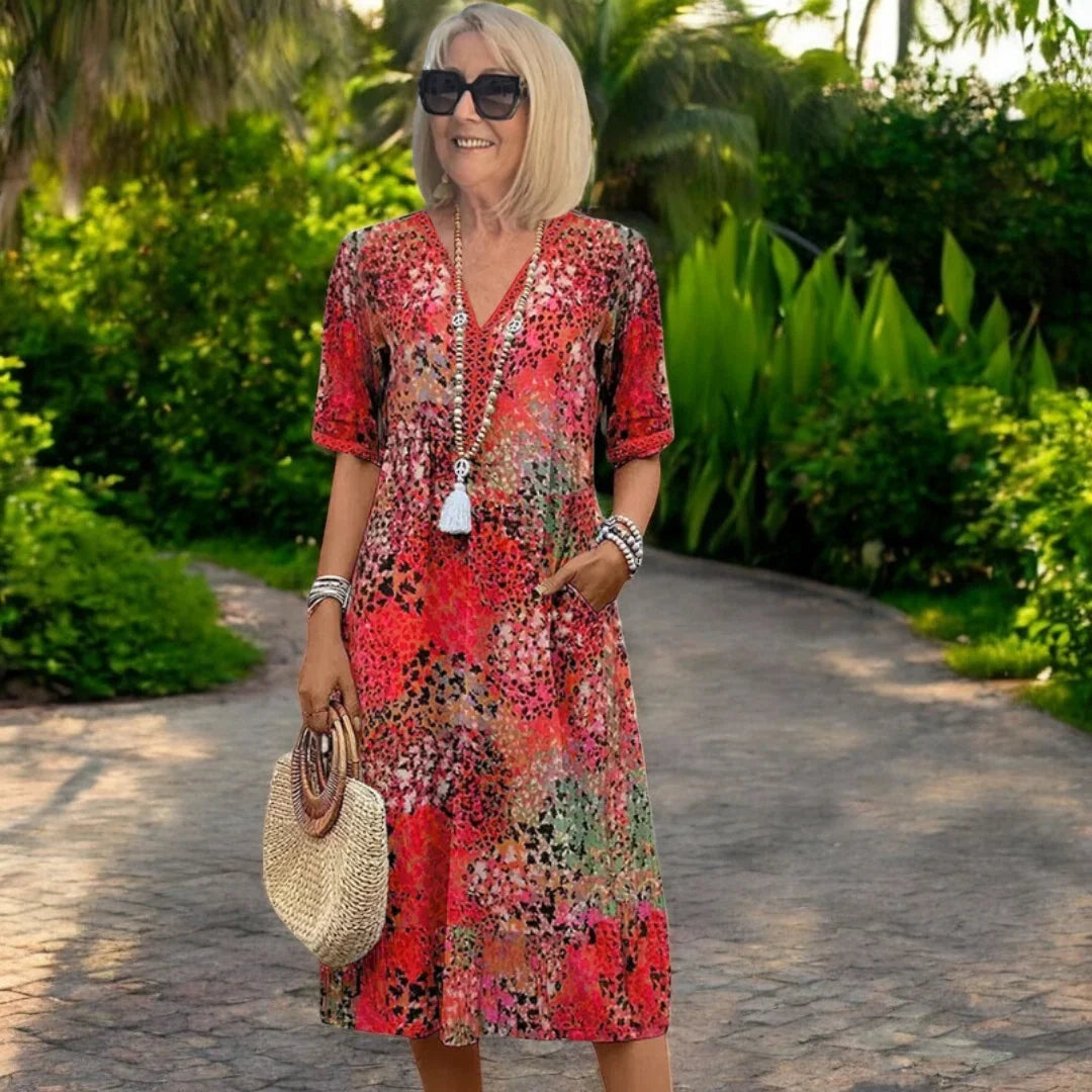 Iris printed midi dress in red, full-length front view