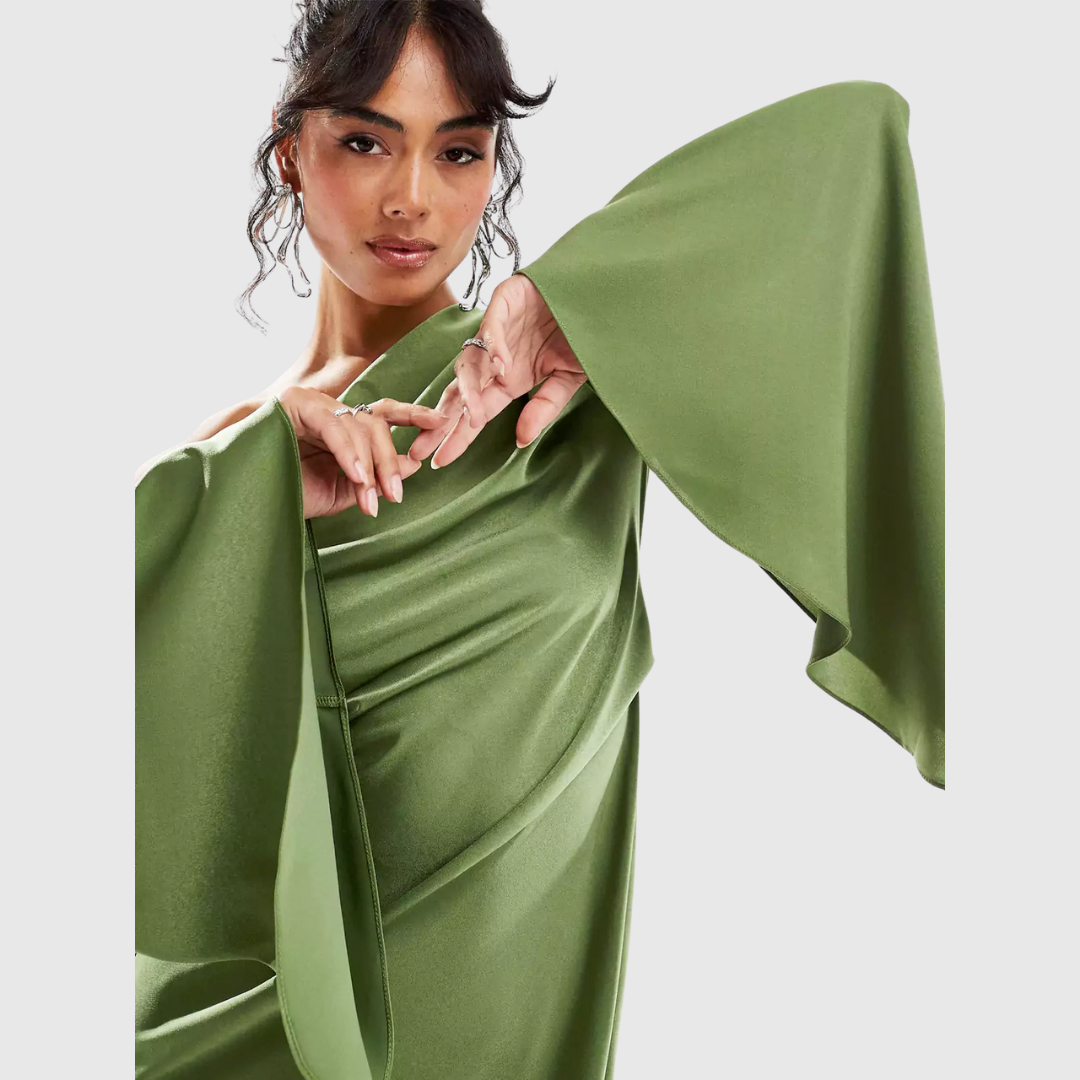 Rosaline satin maxi dress in olive green, detail of wide flared sleeve