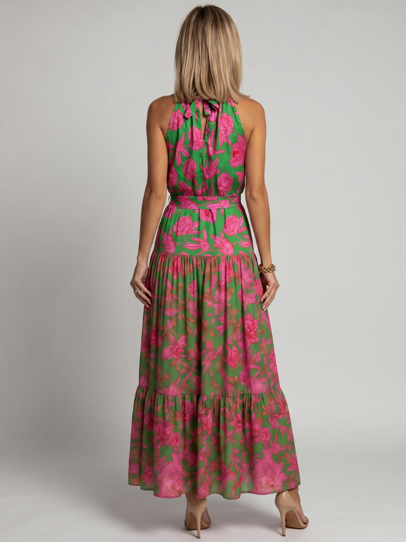 Rowen halter dress in green floral print, back view with neck tie