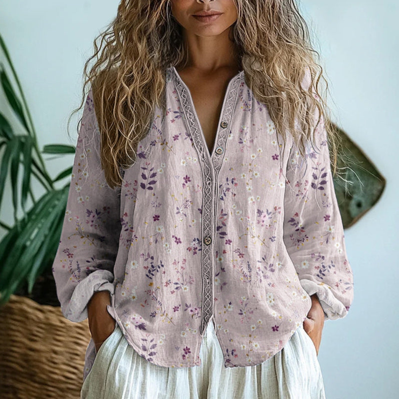 Avis vintage print blouse in pink, front view worn with white trousers