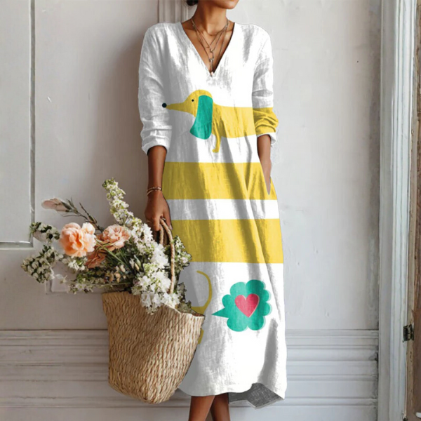 Zoe urban bohemian maxi dress in white with yellow stripes, full-length front view