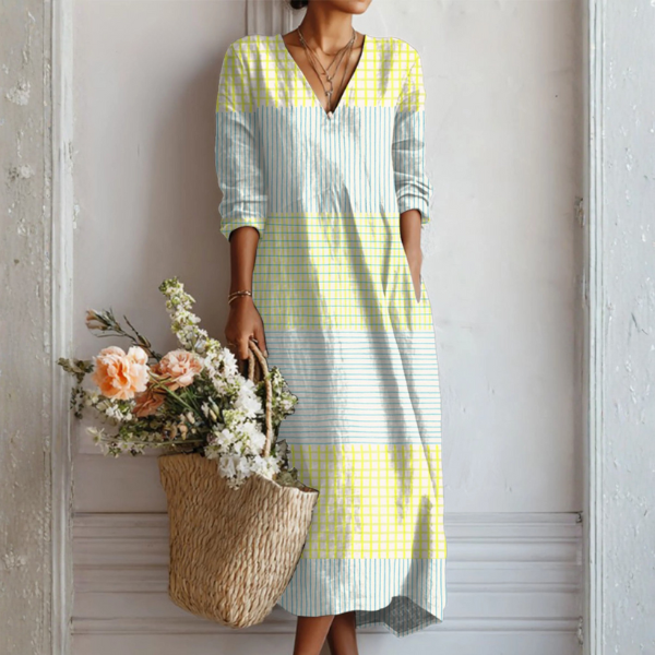 Olivia crisp linen dress in yellow, blue and white stripes, full-length front view
