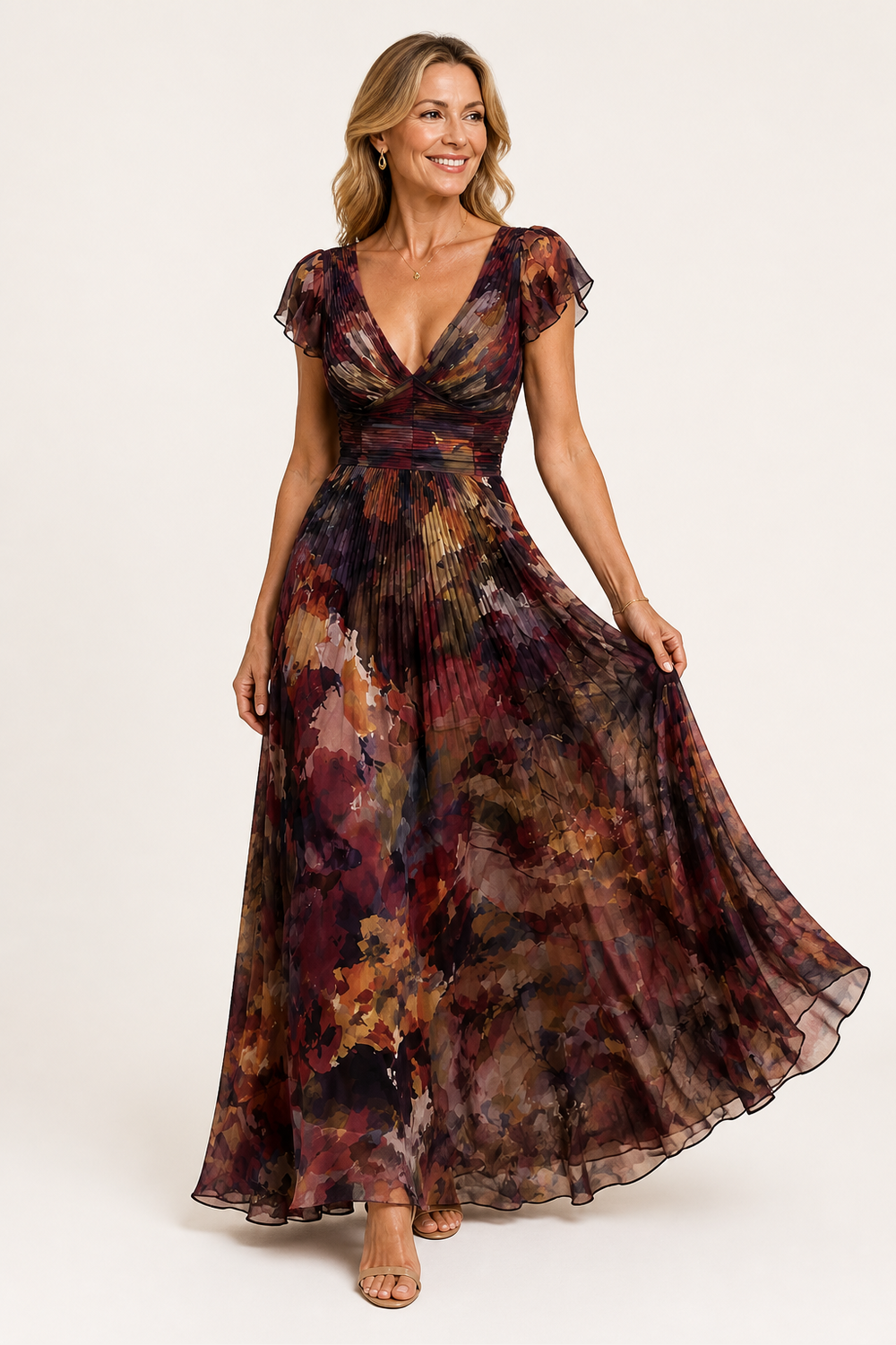Ruched bodice maxi dress in reddish brown floral print, full-length front view