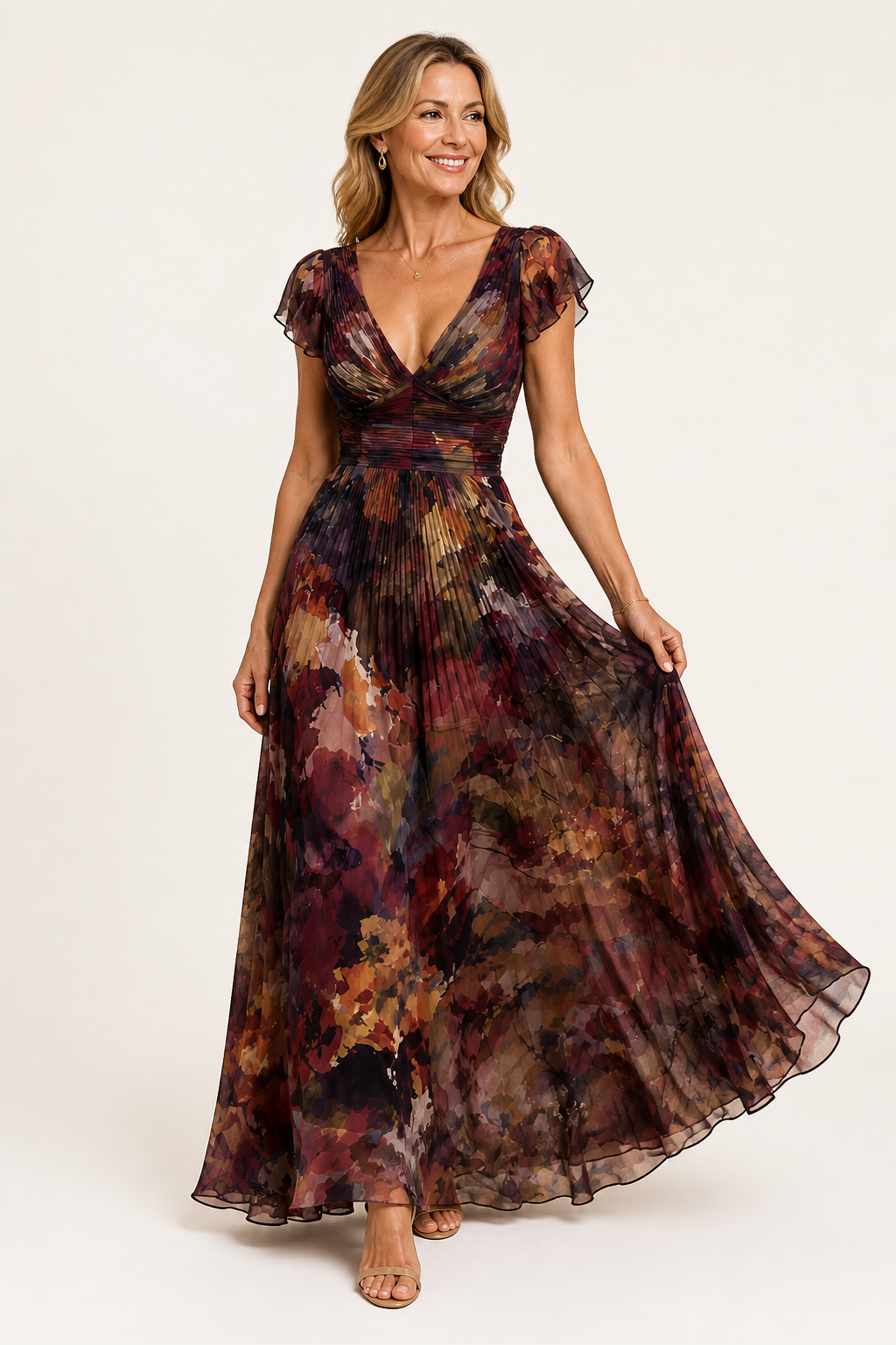 Ruched bodice maxi dress in reddish brown floral print, full-length front view