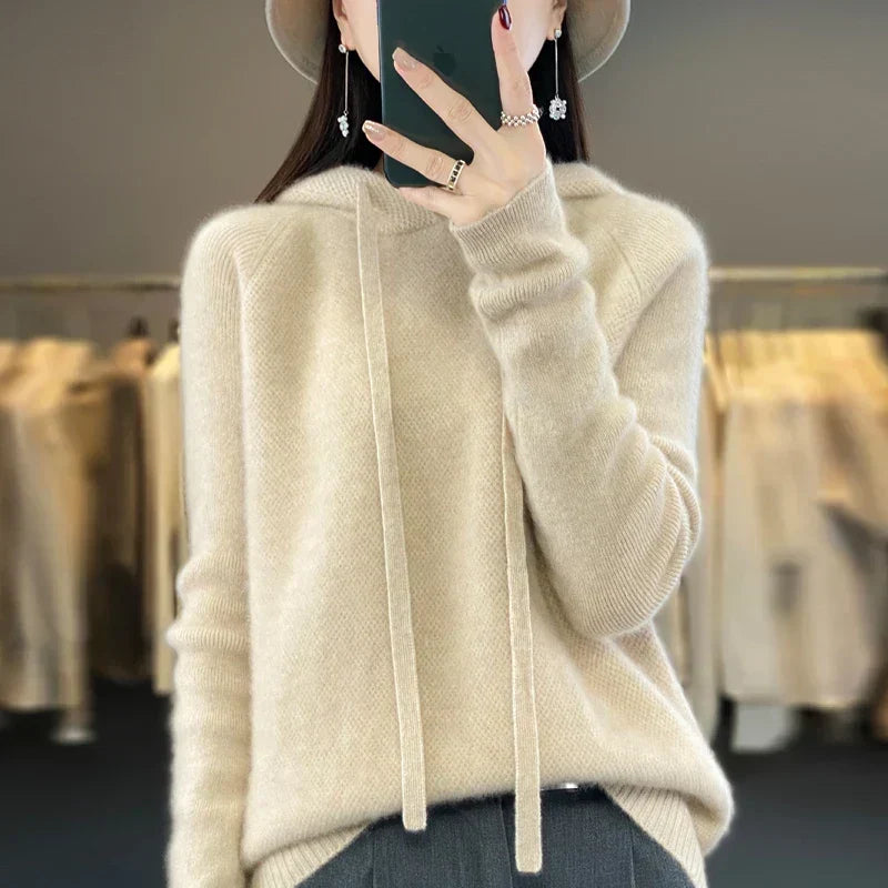 Nyelle knitted hoodie in beige, front view