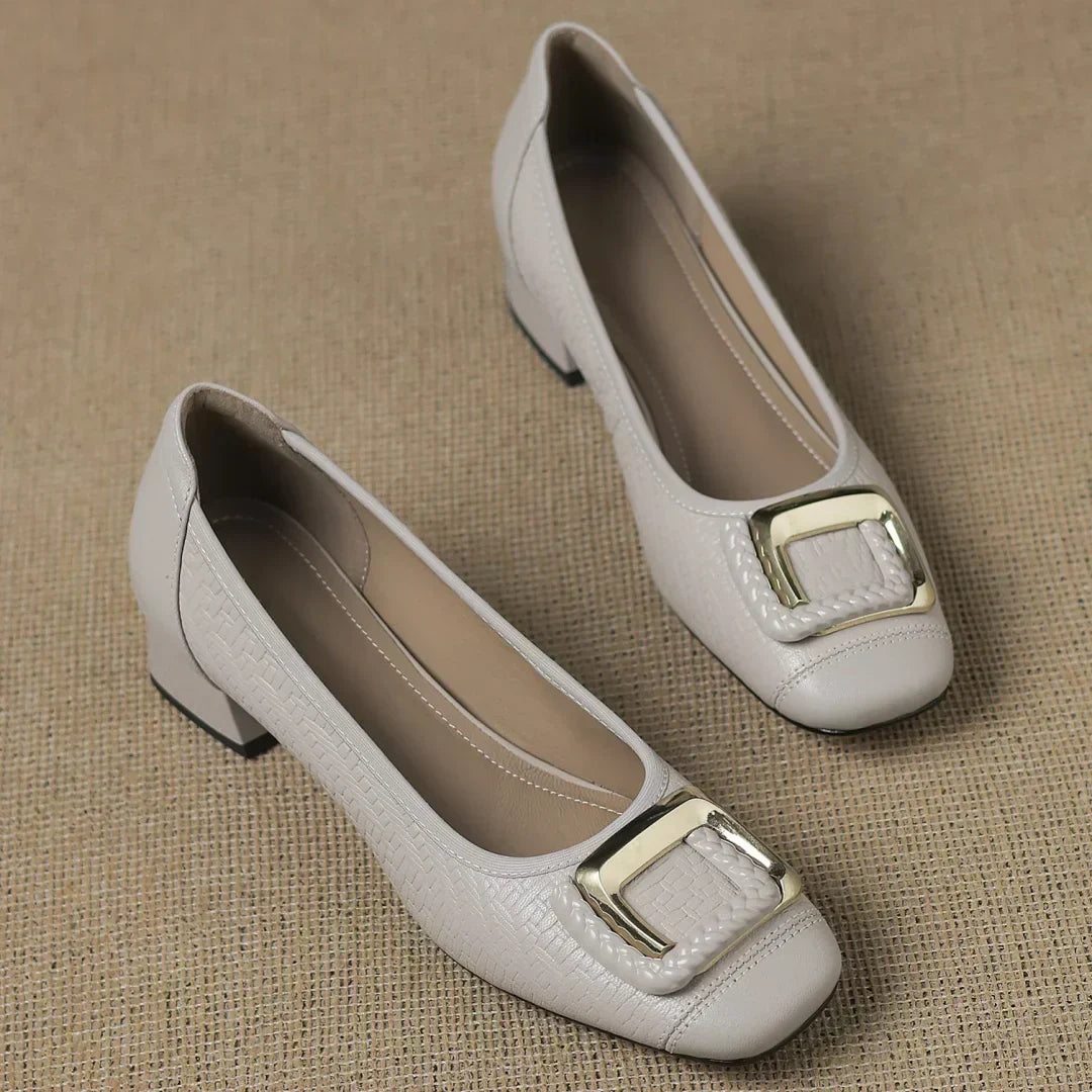 Novalisse heels in gray, pair shown from above
