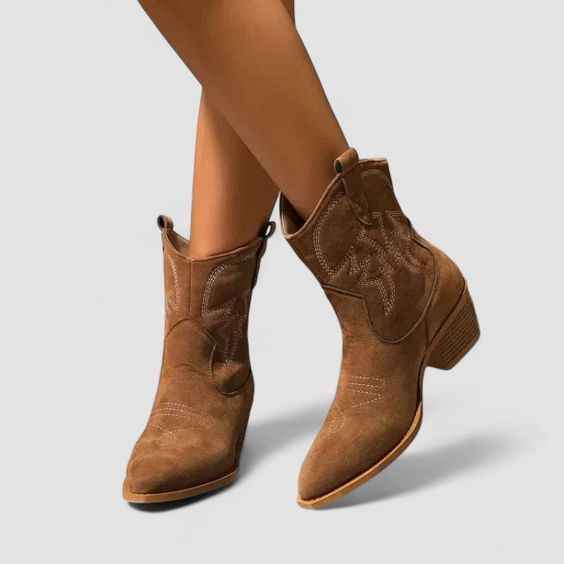 Darcy Western ankle boots in tan, worn front view