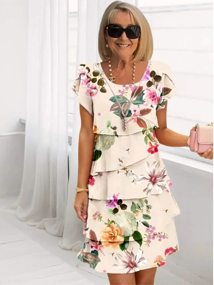 Helena ruffle dress in apricot floral, full-length front view