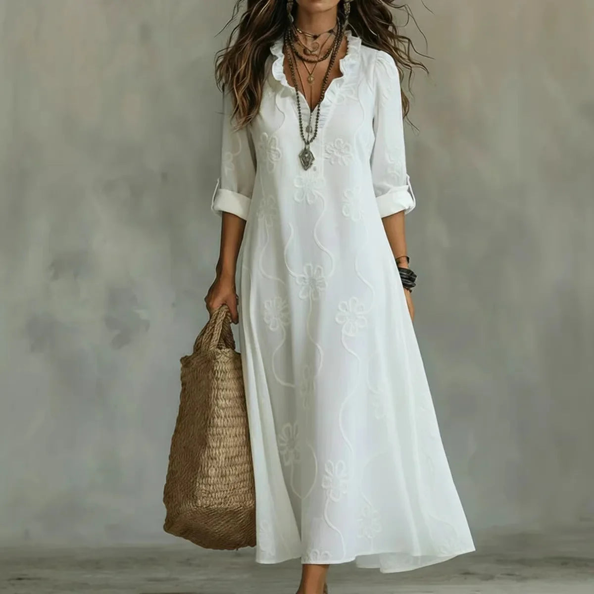 Ardyne embroidered maxi dress in white, full-length front view
