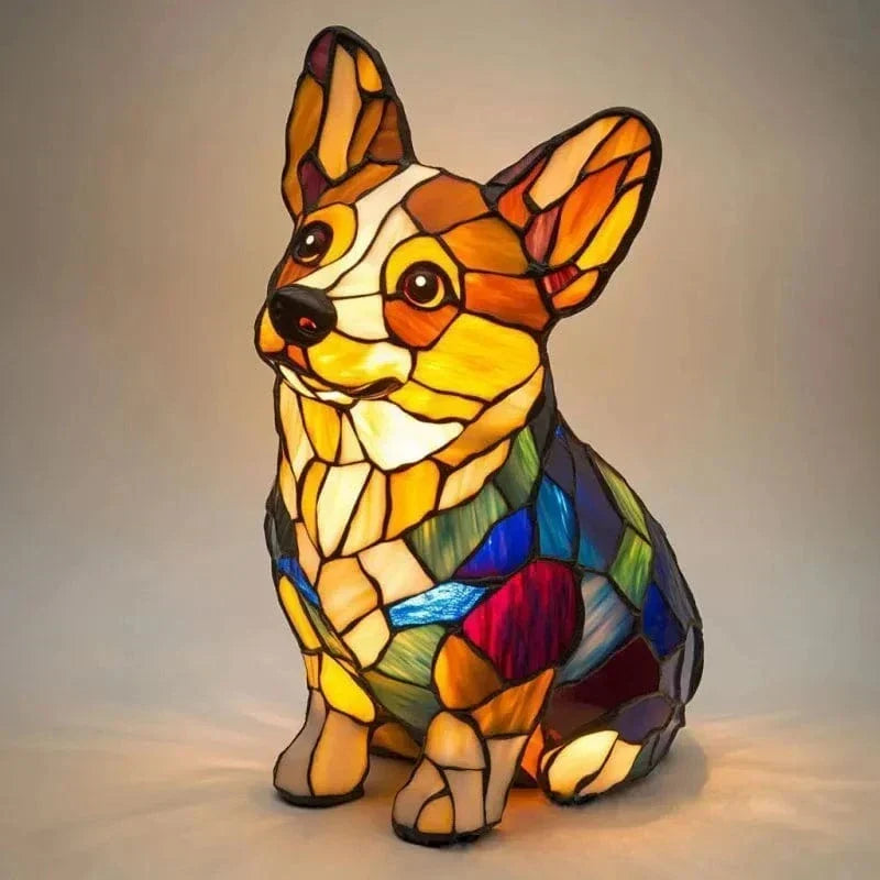 Regal corgi glow lamp in sitting position, mosaic stained-glass effect lit from within