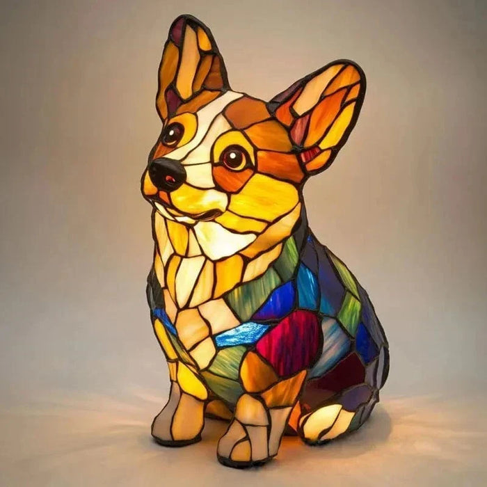 Regal corgi glow lamp in sitting position, mosaic stained-glass effect lit from within