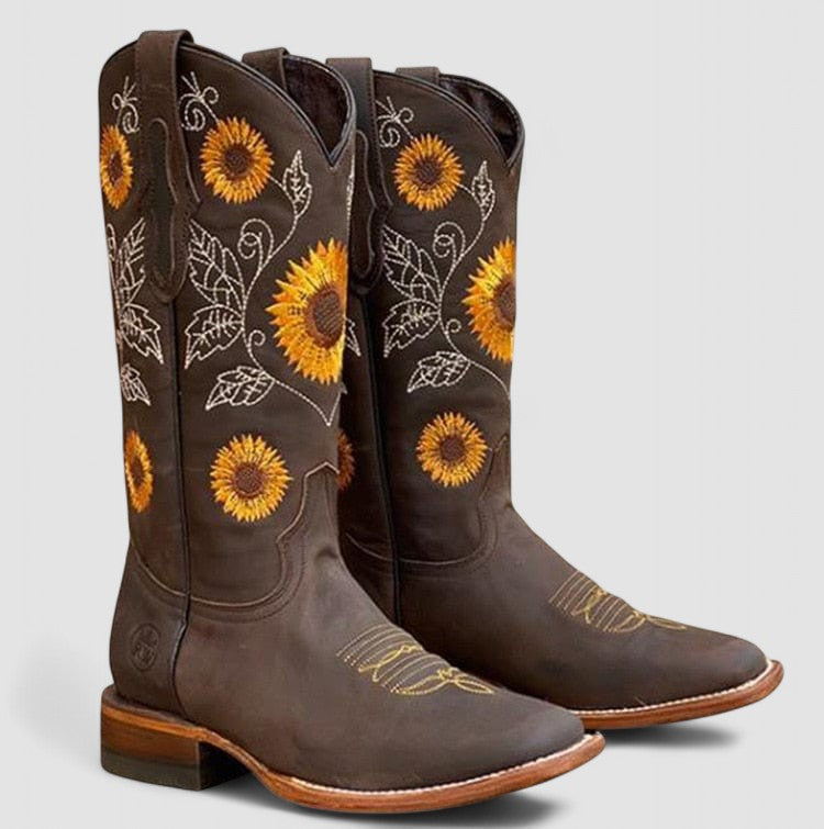 Savannah floral-embroidered Western boots in dark brown with square toe, pair view