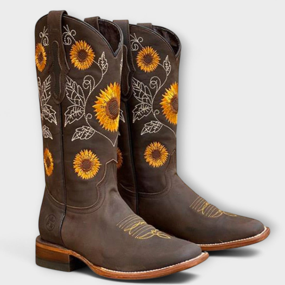 Zyrelle western cowboy boots in dark brown with square toe, angled view
