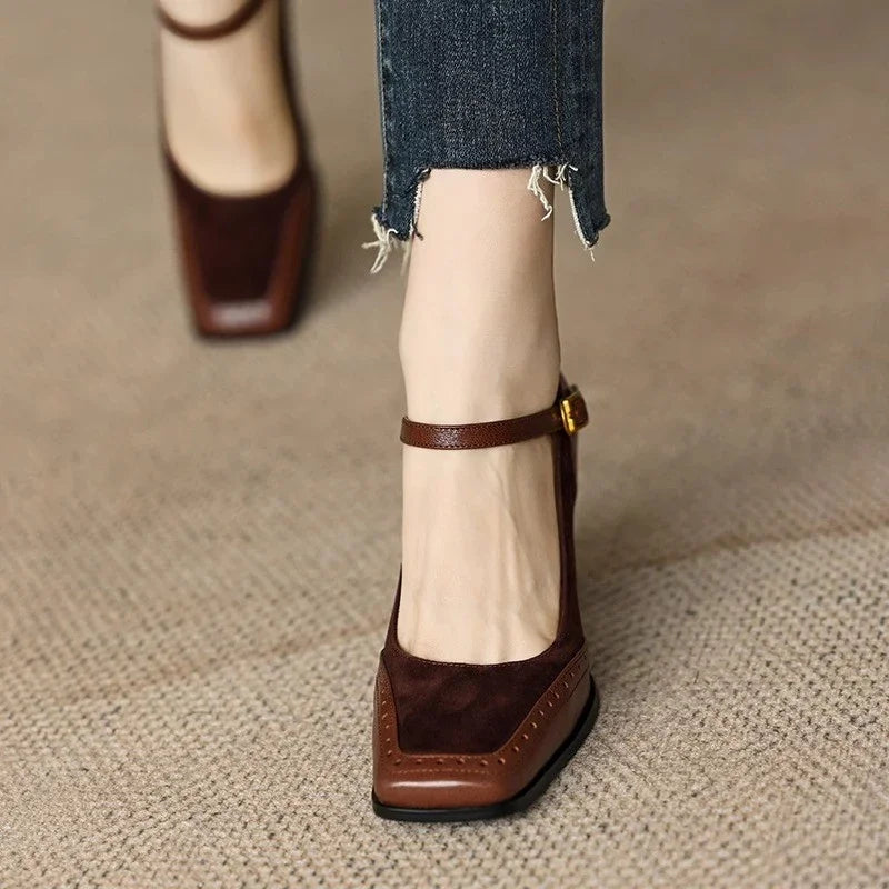 Ellie classic pumps in brown, front view with square toe