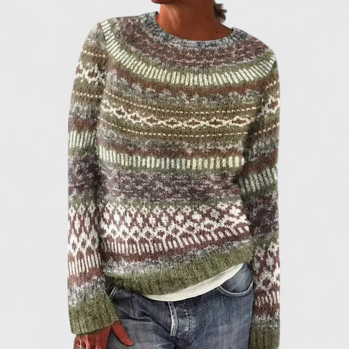Elyvianne sweater in green multi, front view with patterned yoke