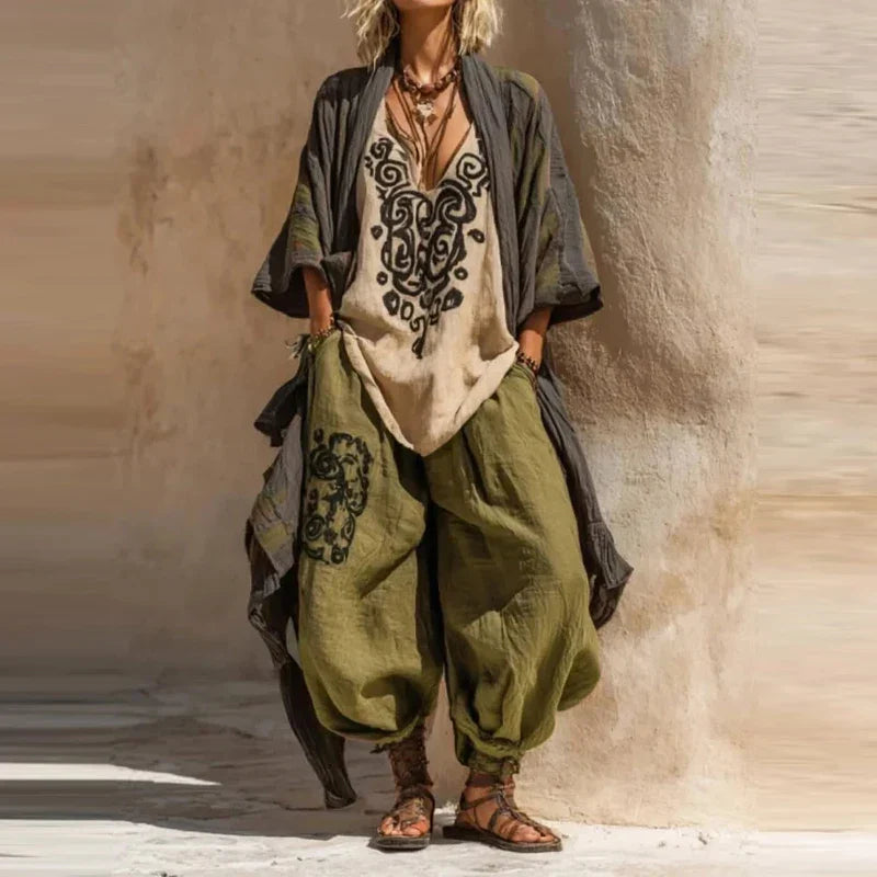 Florence three-piece linen set in green, full-length front view