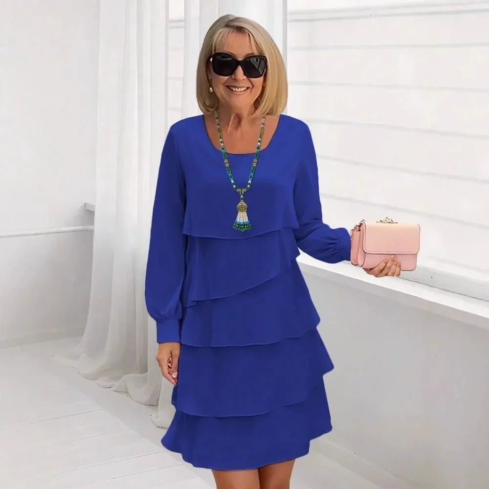 Margaret ruffle tiered dress in blue, full-length front view