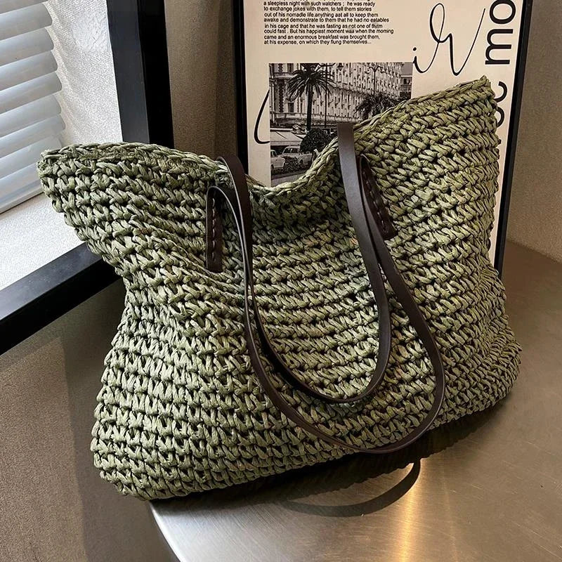 Large woven tote bag in green, front view