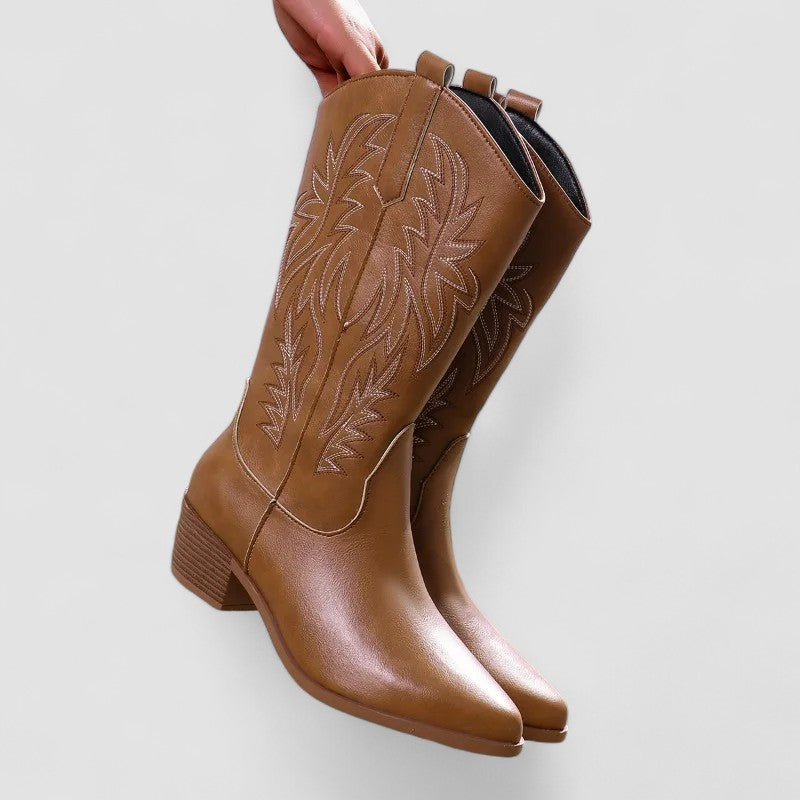 Sierra embroidered western boots in brown, held pair front view