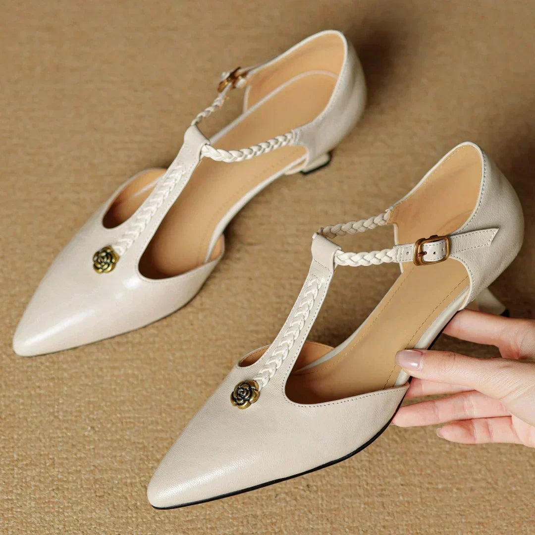 Kathy elegant leather sandals in beige, pair shown from the front