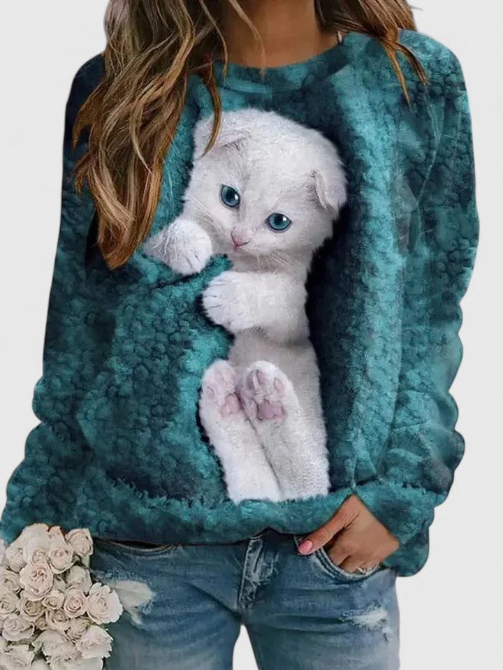Kellie sweatshirt in ocean blue with white kitten print, front view