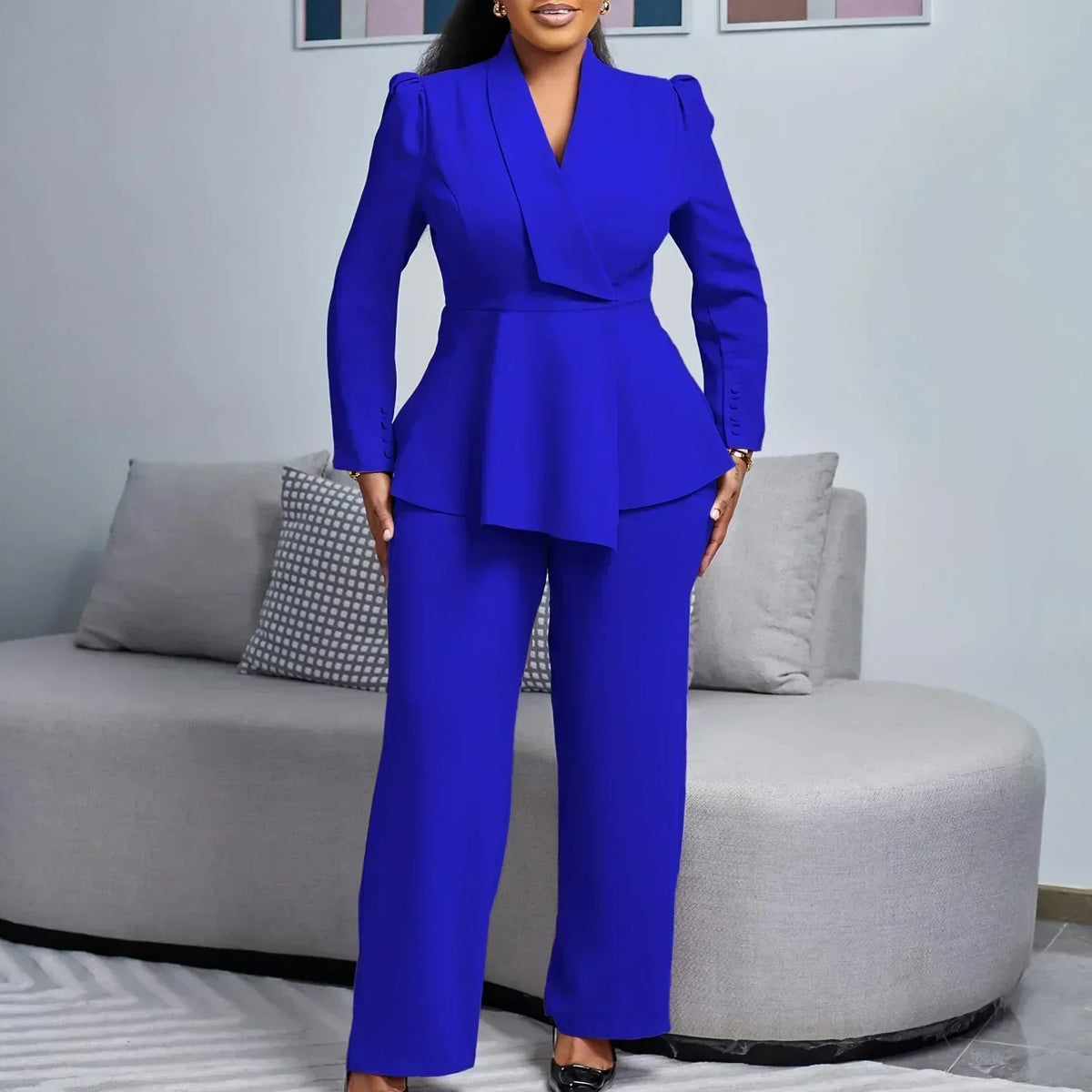 Maya tailored suit set in royal blue, full-length front view