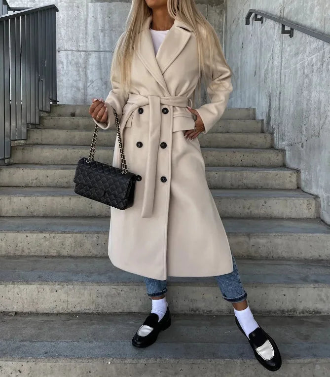 Gwyneth long lapel coat in cream, belted full-length front view