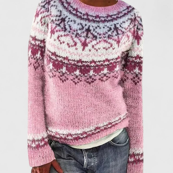 Elyvianne sweater in pink, front view with patterned yoke