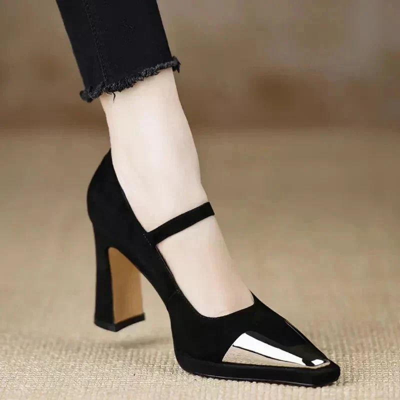 Orvanna Mary Jane heels in black, side view with metallic toe cap