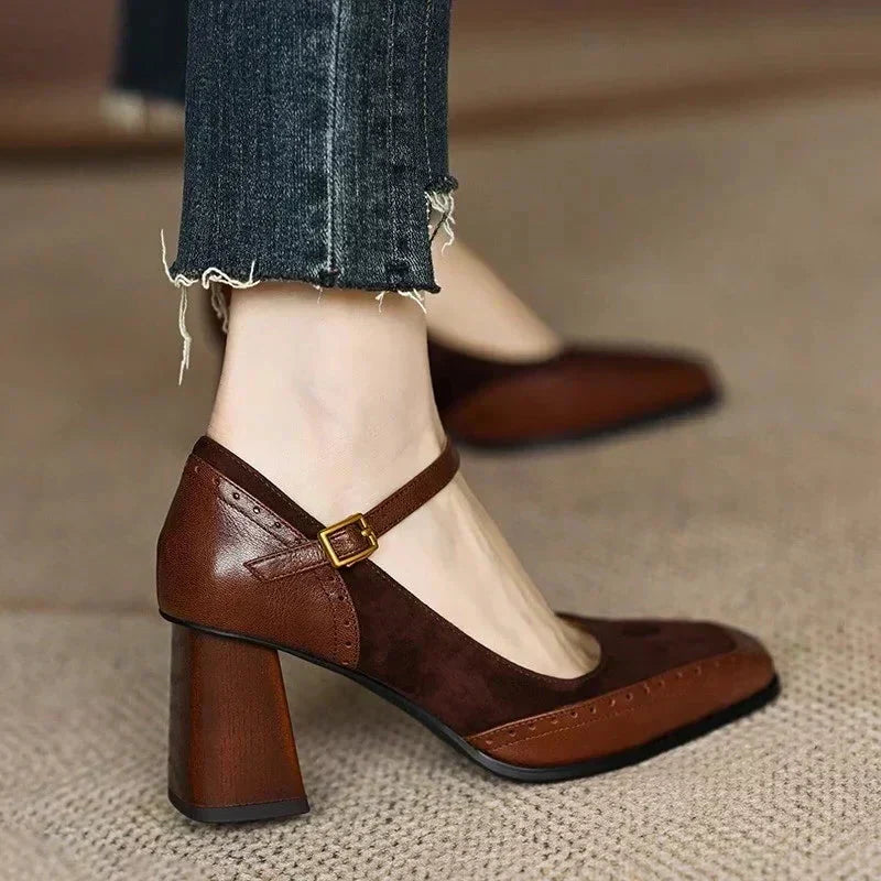Ellie classic pumps in brown, worn side view with ankle strap