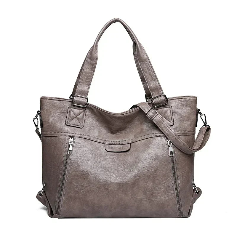 Retro shoulder tote bag in taupe grey, front view with long strap