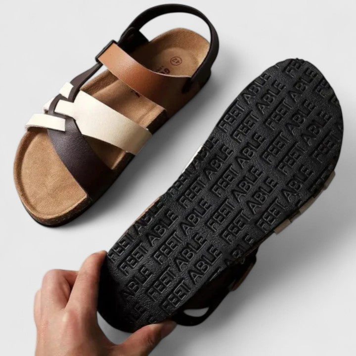 Lourizeth elegant sandals in brown and cream, sole and top view