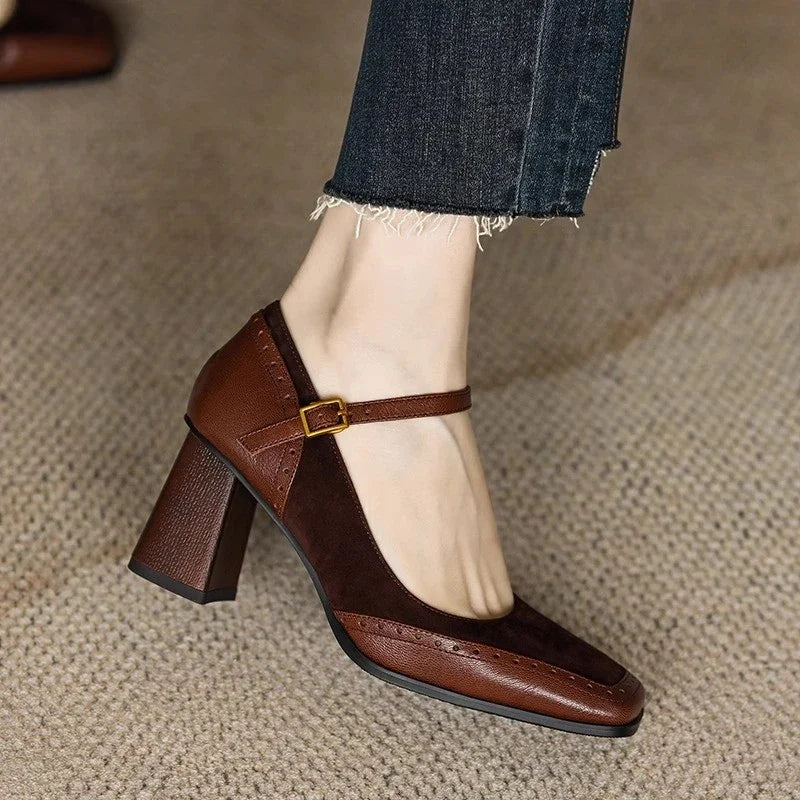 Ellie classic pumps in brown, side view showing block heel
