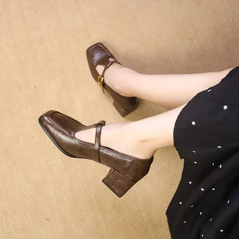 Rosa Mary Janes in brown, angled view of square toe