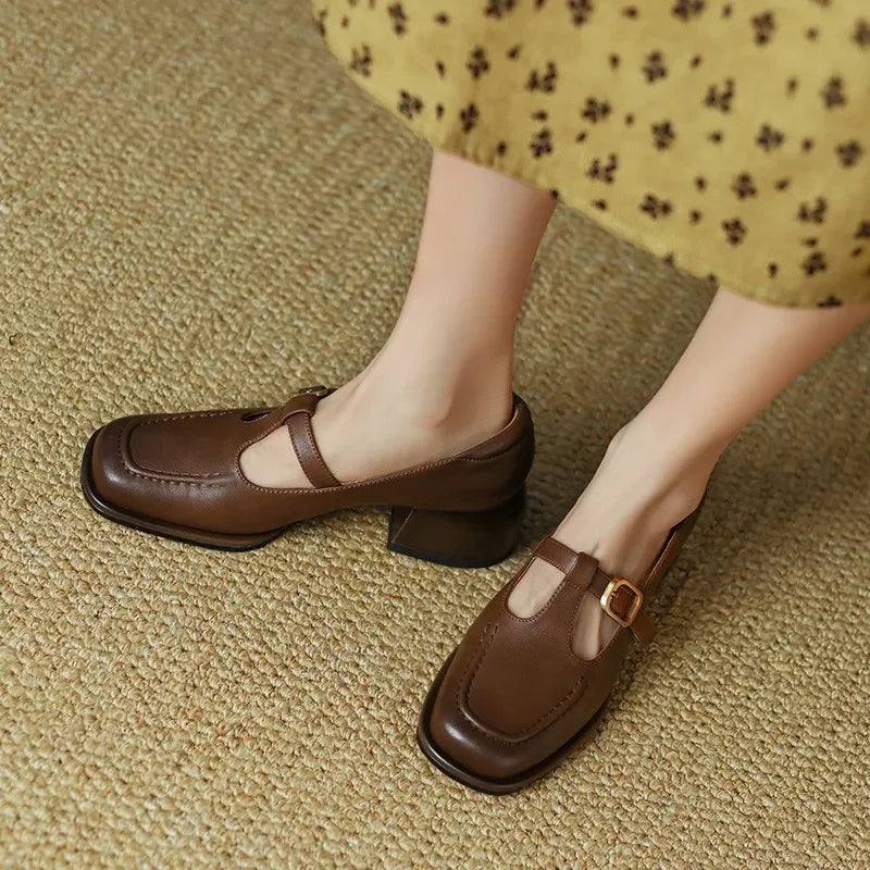Selvana T-strap shoes in brown, side view showing block heel